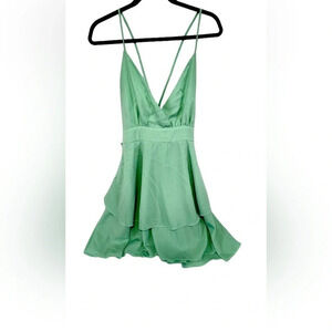 Satin Mini Dress Criss Cross Back‎ Ruffle Hem Party Cocktail Green Size S